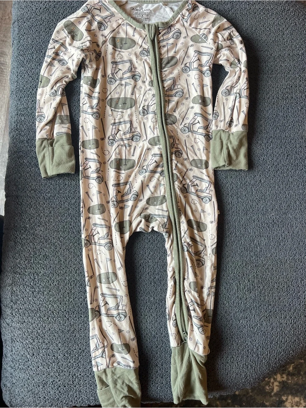 Caden Lane Kids Olive & Cream One-Piece Pajama - Surfboard & Scooter Print